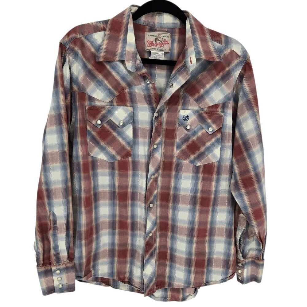 Vintage Wrangler mens size medium blue red peal snap long sleeve plaid shirt